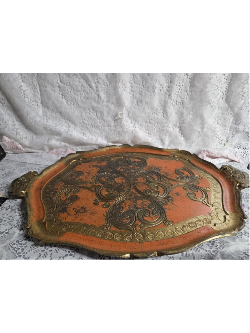 Vintage Italian Florentine Tray – Large Orange & Gold Baroque Serving Tray - Picture 3 of 9